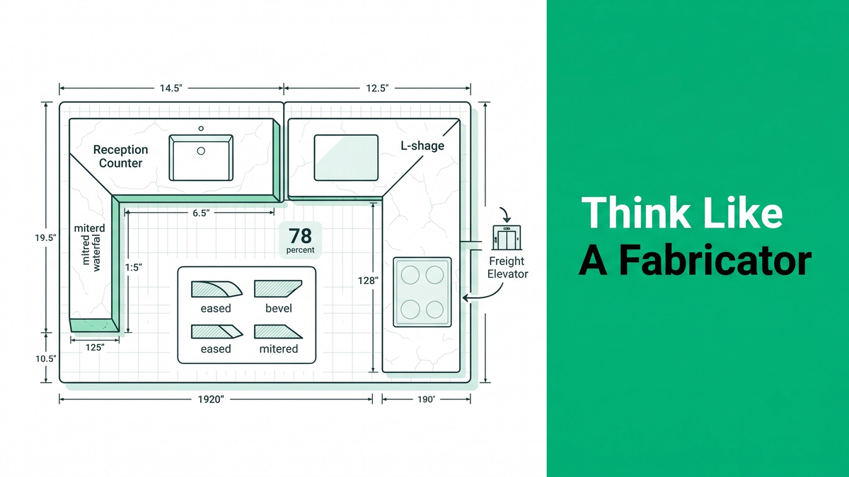 Commercial countertop estimating diagram with slab layout, seam plan, edge profiles, and site access constraints