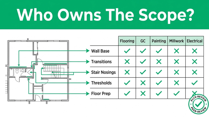Flooring scope of work case study: responsibility matrix review reallocating scope between flooring, GC, and other trades on a commercial bid