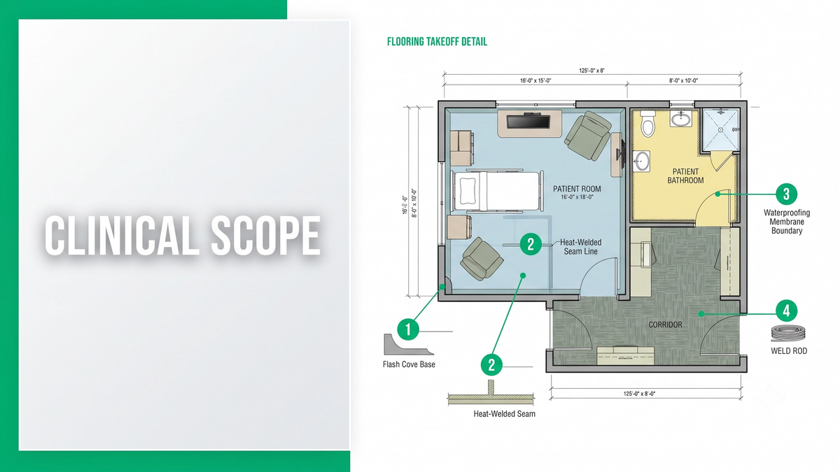 Healthcare flooring estimating plan with flash cove base, heat-welded seam, and waterproofing callouts on a hospital patient room and corridor takeoff