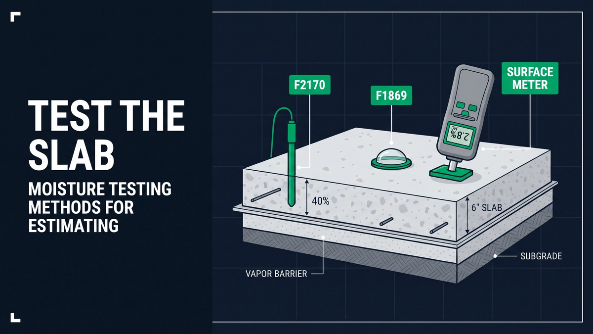 Concrete moisture testing for flooring showing ASTM F2170 relative humidity probe insertion, F1869 calcium chloride dome, and surface moisture meter readings on a commercial slab