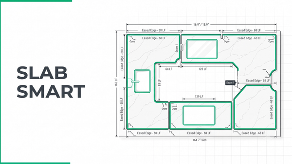 Countertop estimating takeoff showing slab yield nesting, edge profile linear footage, and sink cutout callouts on a fabrication layout