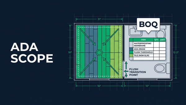 ADA flooring takeoff plan showing roll-in shower slope, waterproofing membrane, and flush transition callouts on a multifamily unit