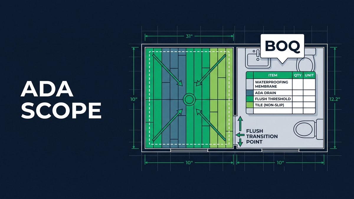 ADA flooring takeoff plan showing roll-in shower slope, waterproofing membrane, and flush transition callouts on a multifamily unit