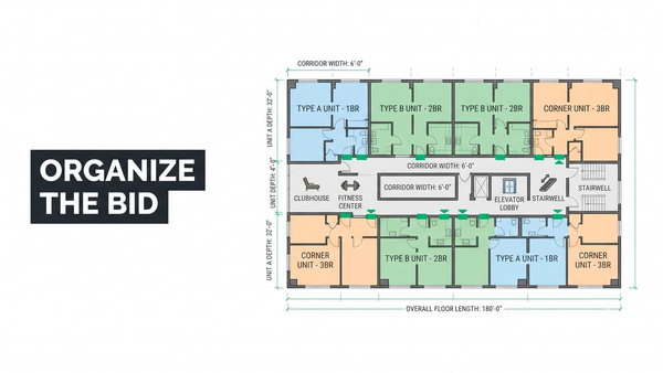 Multifamily flooring estimating diagram showing unit types, corridors, stairwells, elevator lobbies, clubhouses, and amenity spaces with material assignments across a residential building project