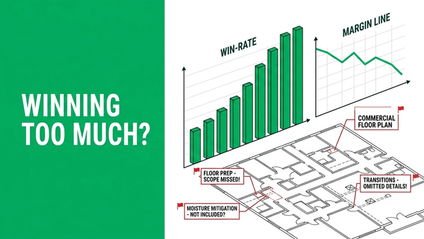 Flooring bid win rate chart beside a commercial takeoff highlighting missed scope items that erode margin after award