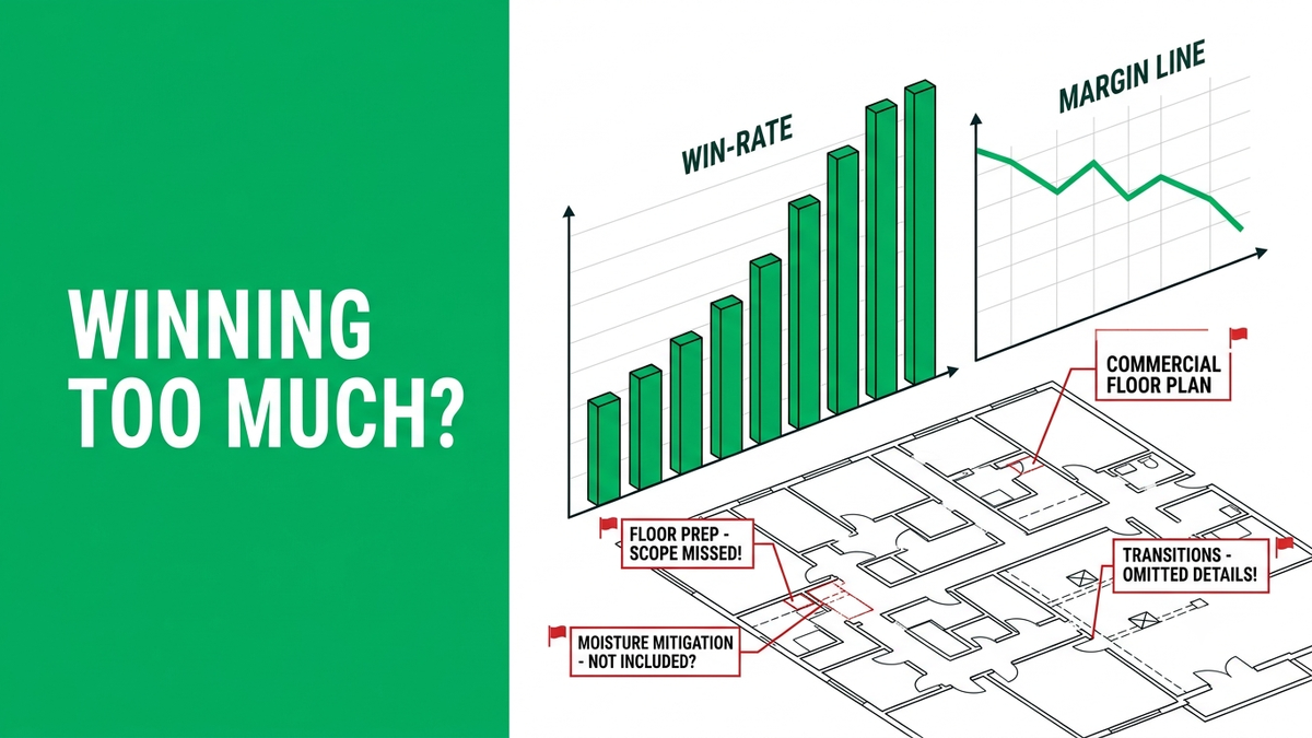 Flooring bid win rate chart beside a commercial takeoff highlighting missed scope items that erode margin after award