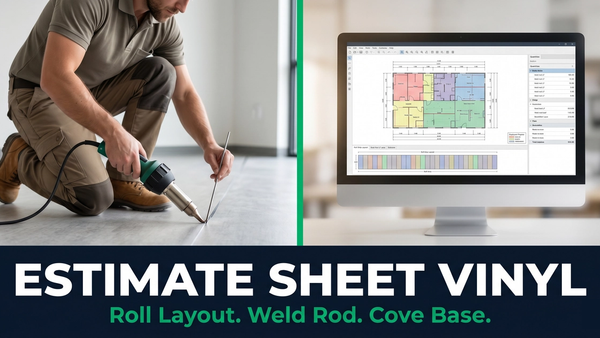 Estimate sheet vinyl takeoff plan with roll strips, seam LF, weld rod and cove base callouts