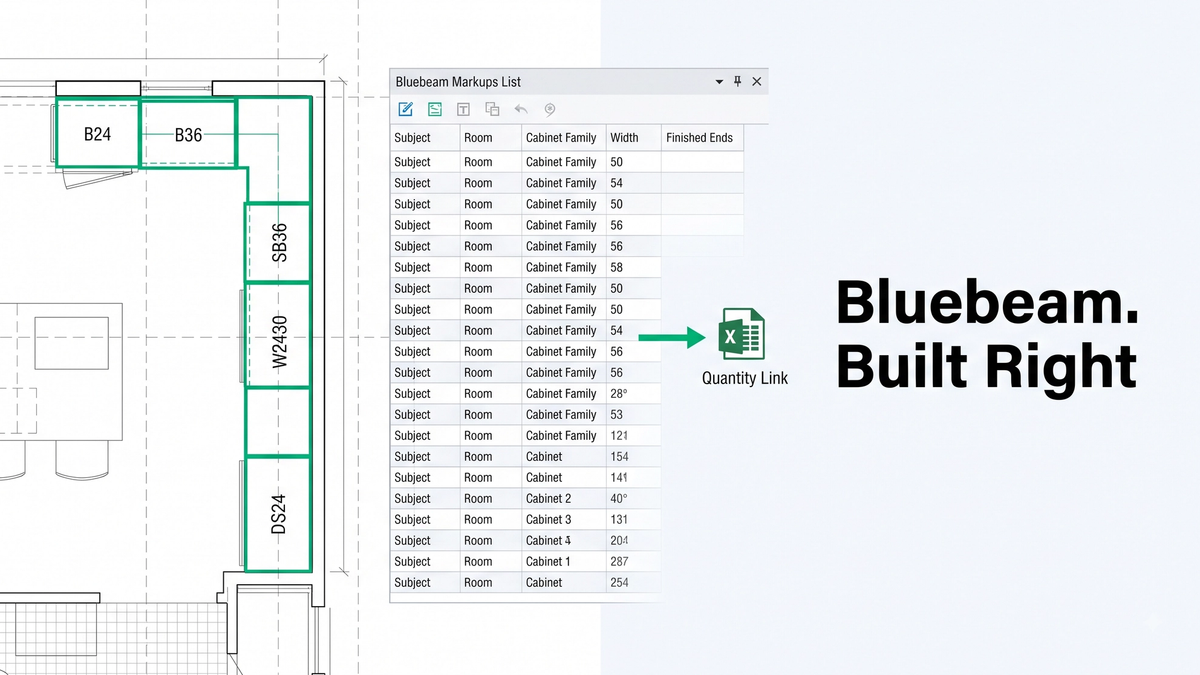 Cabinet takeoff in Bluebeam workflow with Tool Chest markups, Markups List columns, and Quantity Link Excel export