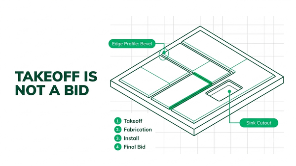 Countertop slab layout with seam plan and cutouts illustrating countertop takeoff vs fabrication estimate stages before pricing
