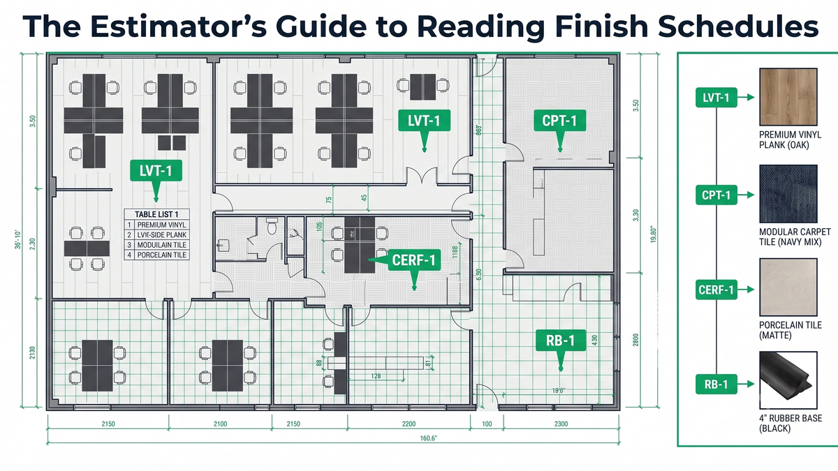 How to read a finish schedule for flooring takeoffs with finish codes, legend, and material callouts on a commercial drawing set