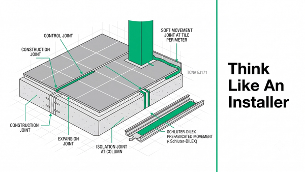 Commercial flooring expansion joints diagram with control, construction, isolation, and movement joint profiles
