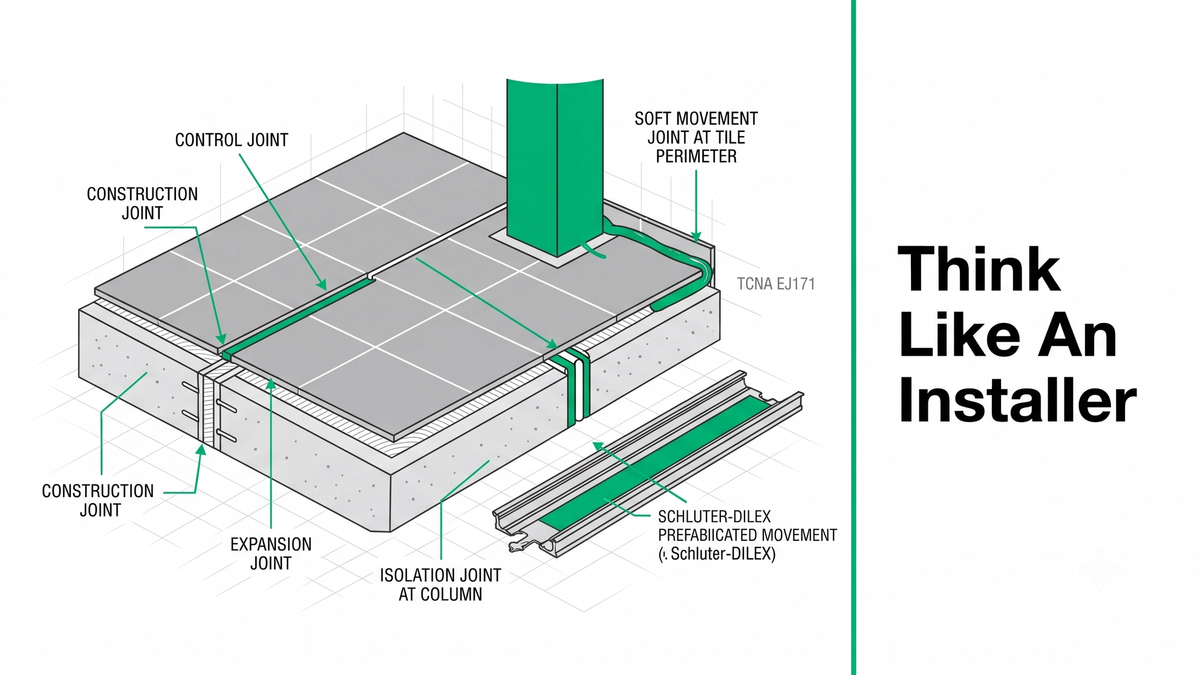 Commercial flooring expansion joints diagram with control, construction, isolation, and movement joint profiles