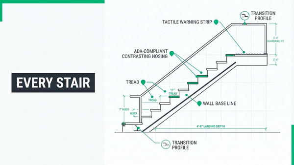 Commercial stair flooring takeoff diagram showing treads, risers, nosings, landings, stringers, wall base, and expansion joint callouts on a stairwell elevation and plan