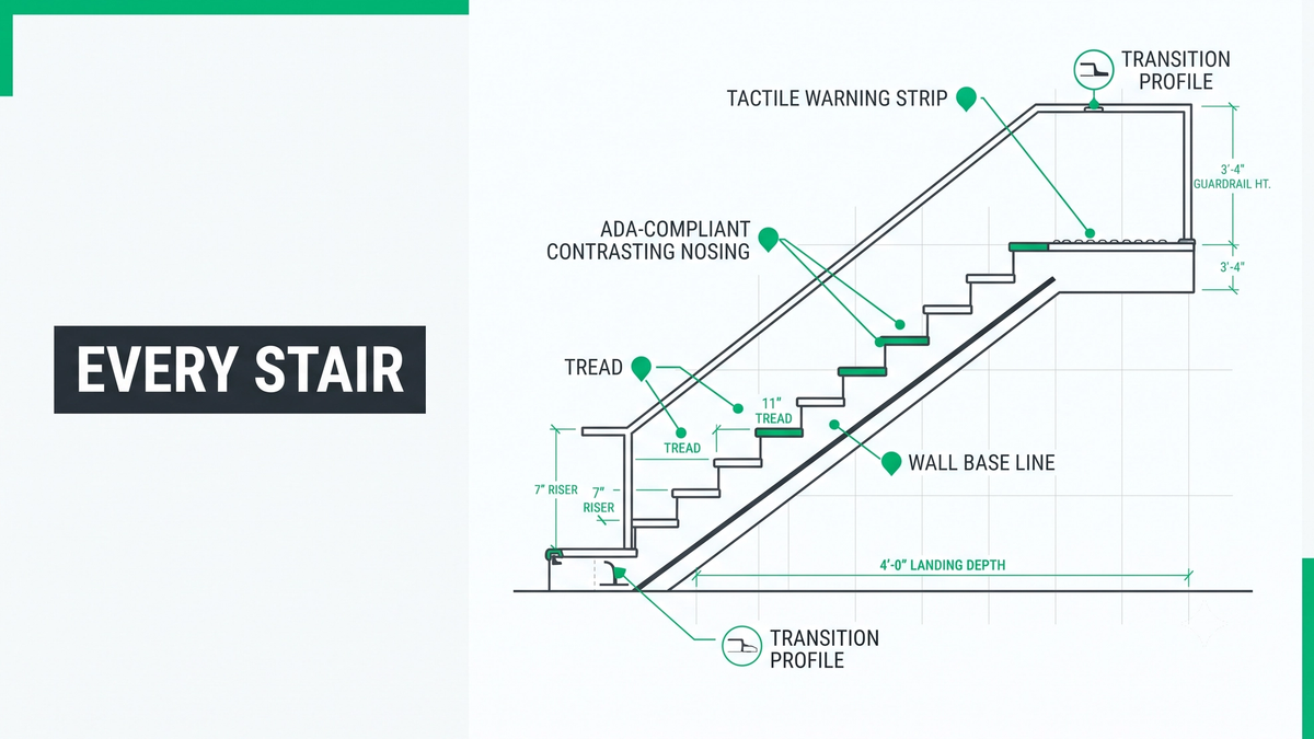 Commercial stair flooring takeoff diagram showing treads, risers, nosings, landings, stringers, wall base, and expansion joint callouts on a stairwell elevation and plan