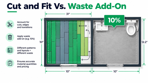 Flooring waste factor comparison showing MeasureSquare cut and fit nesting layout next to a flat percentage waste add-on estimate