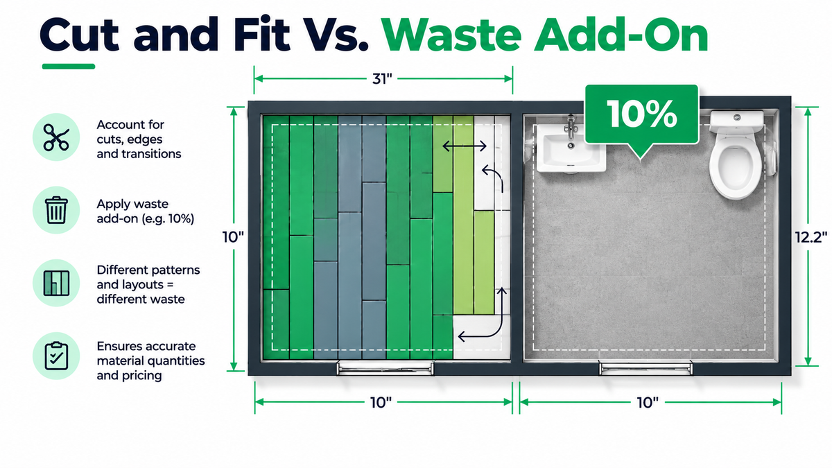 Flooring waste factor comparison showing MeasureSquare cut and fit nesting layout next to a flat percentage waste add-on estimate