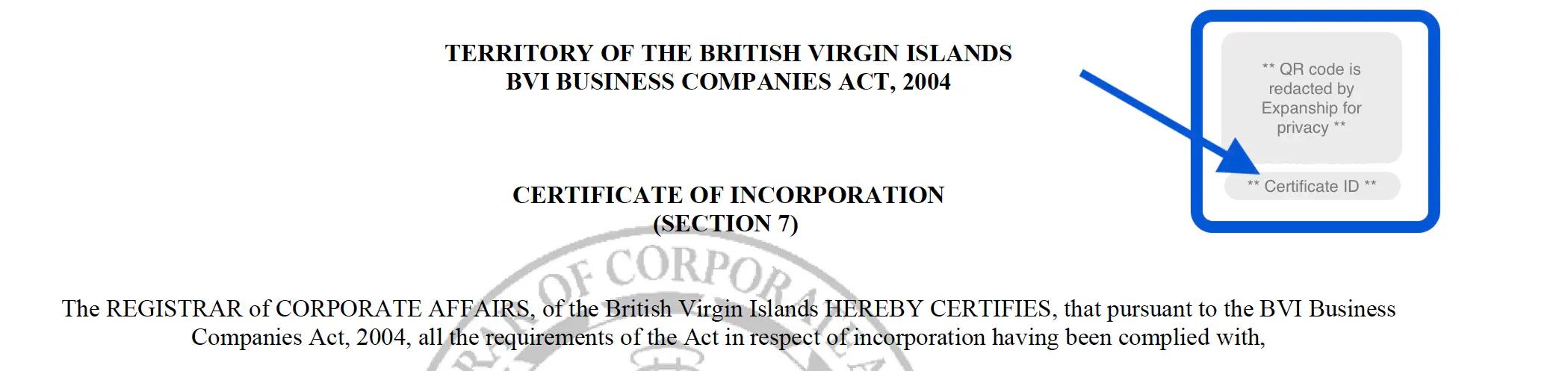 Screenshot showing Certificate ID and QR code on a BVI-issued certificate