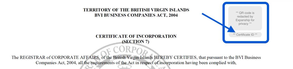 Screenshot showing Certificate ID and QR code on a BVI-issued certificate