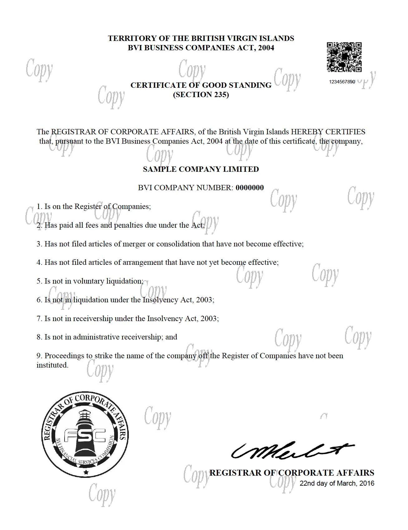 Sample BVI Certificate of Good Standing showing official format, FSC seal, and QR verification code