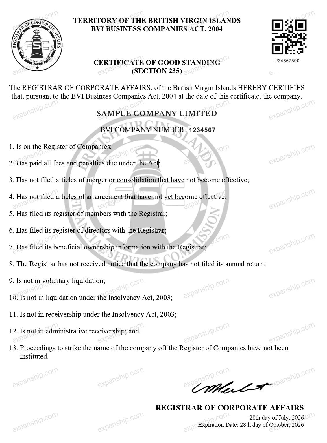 Sample BVI Certificate of Good Standing showing the document format, seal, and QR verification code