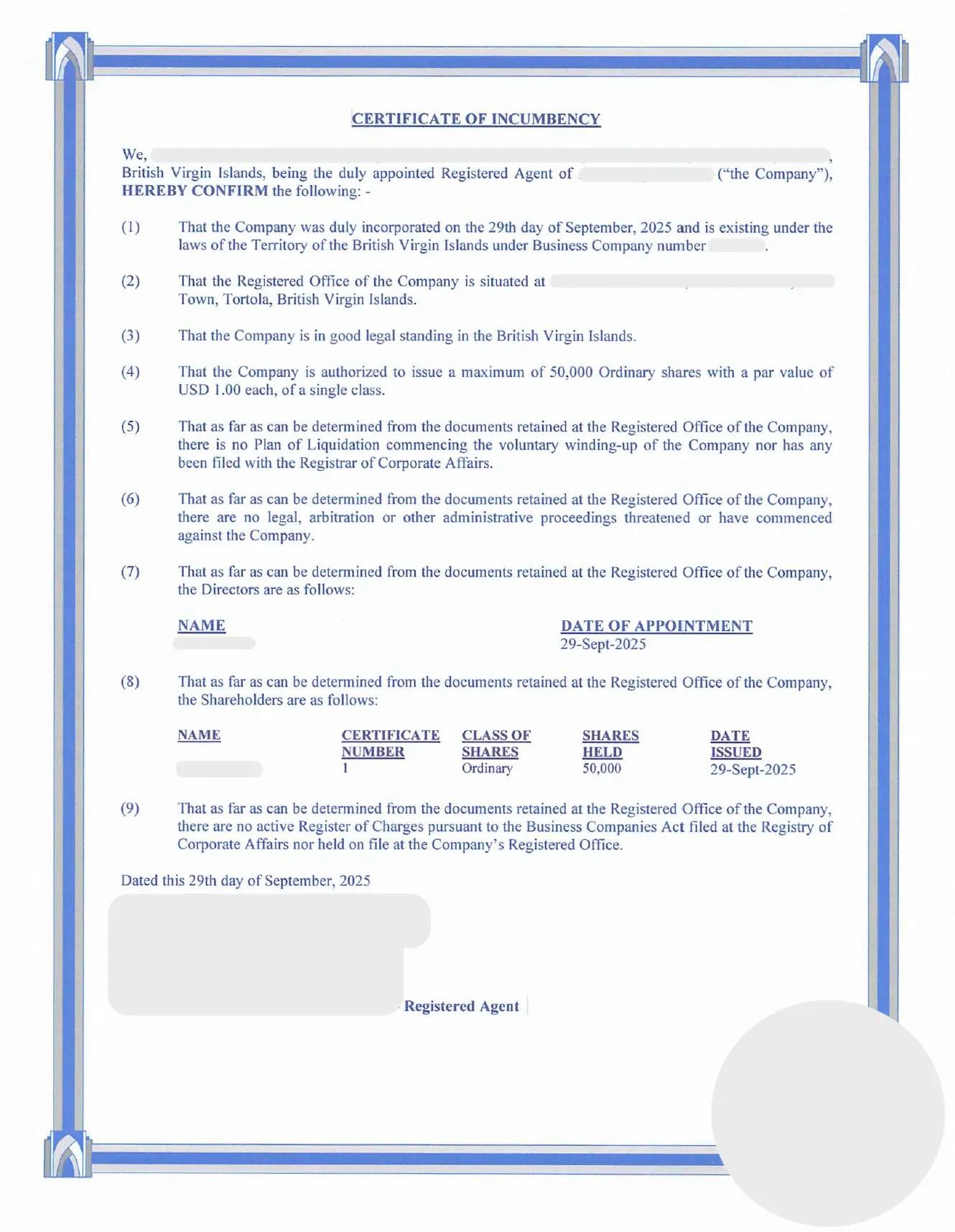 Sample BVI incumbency certificate document