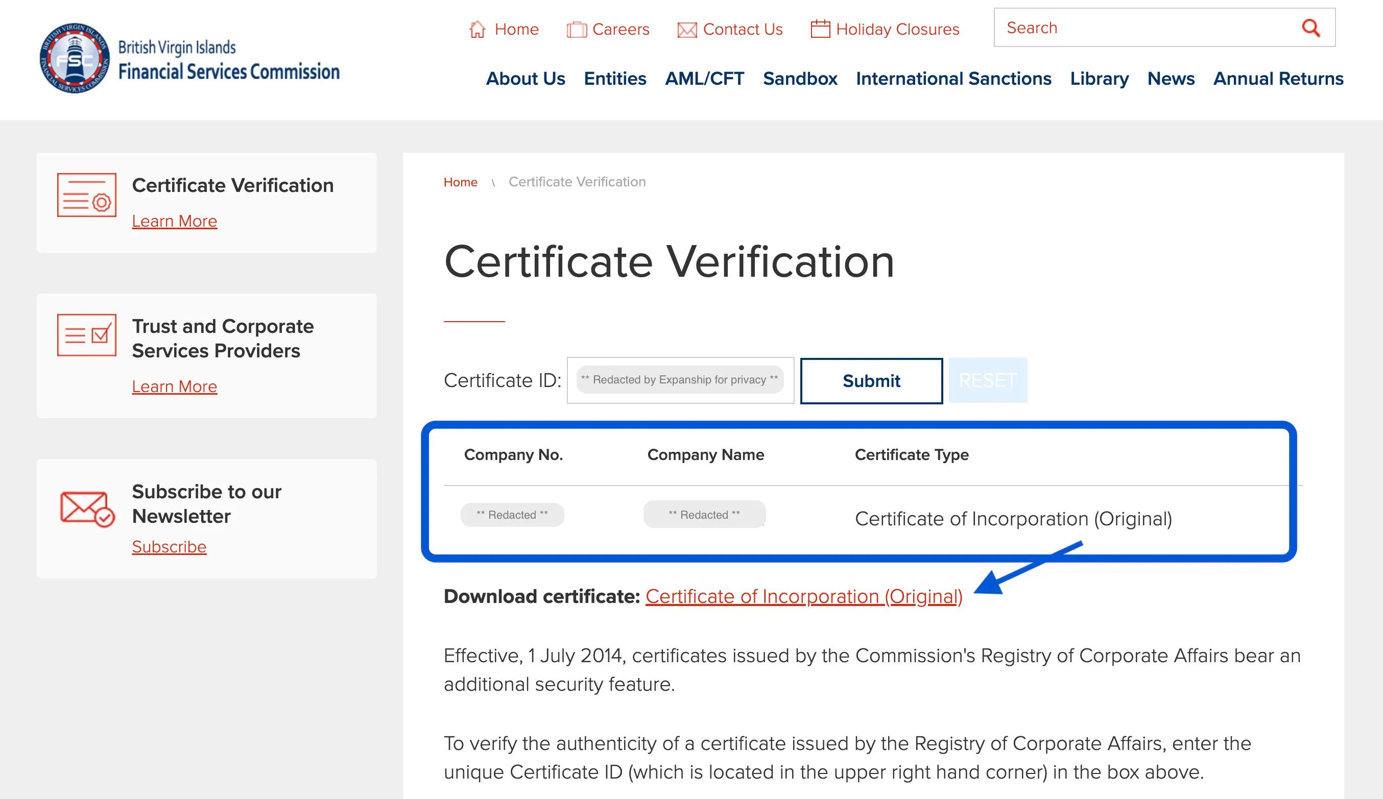 Screenshot showing company name, number, and certificate type after verification