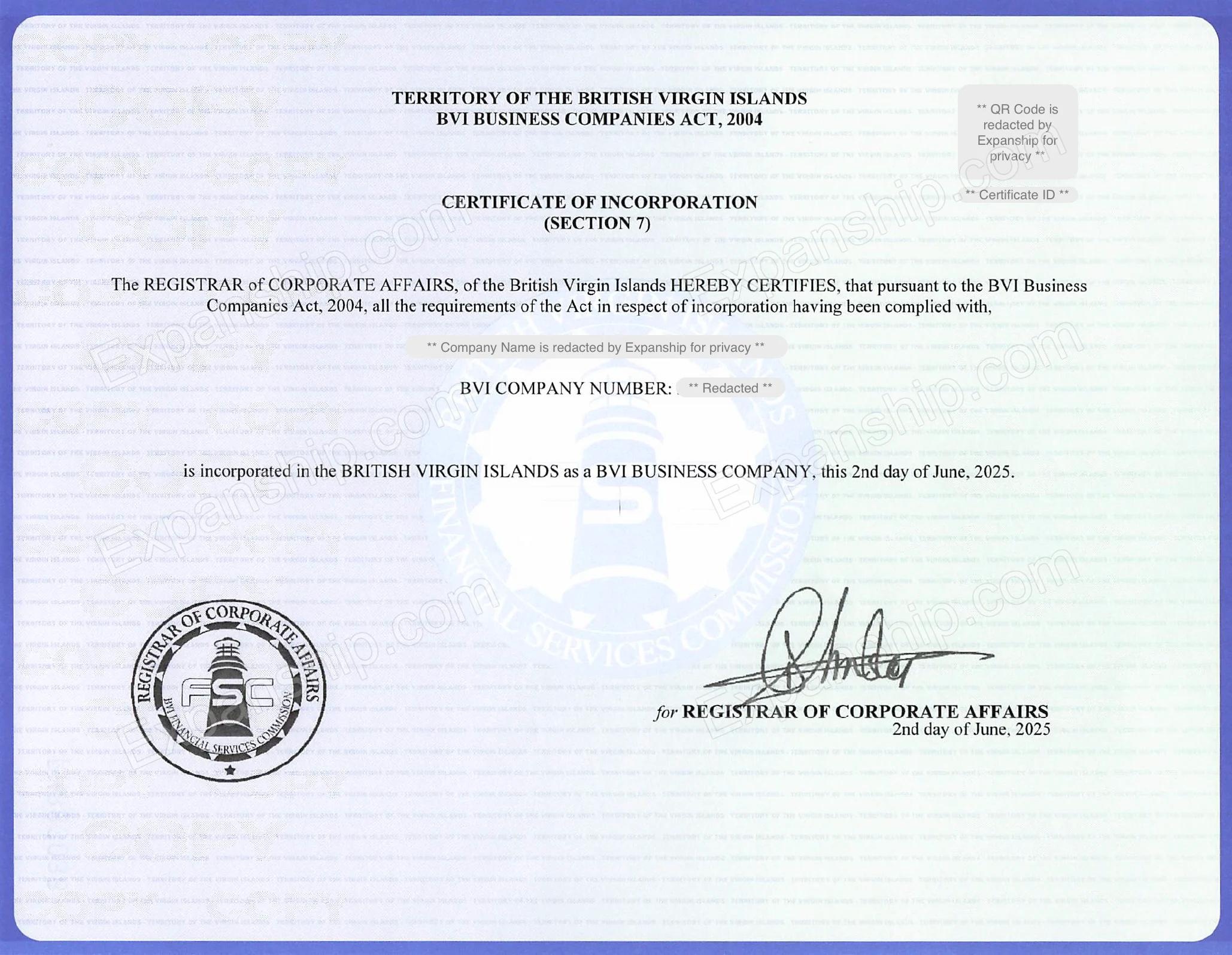 BVI Certificate of Incorporation Sample Format