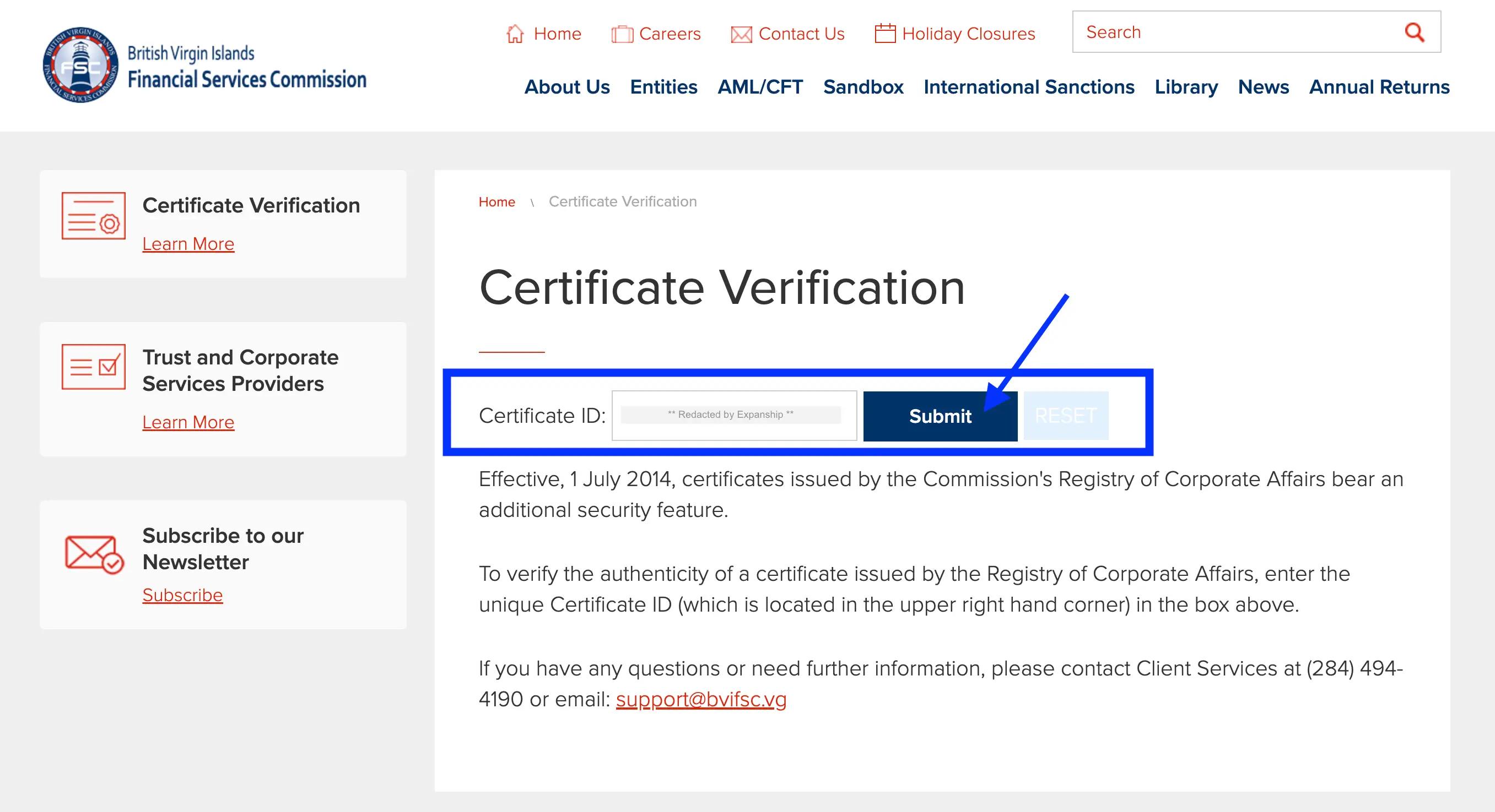 Screenshot of BVI FSC certificate validation webpage with Certificate ID input field