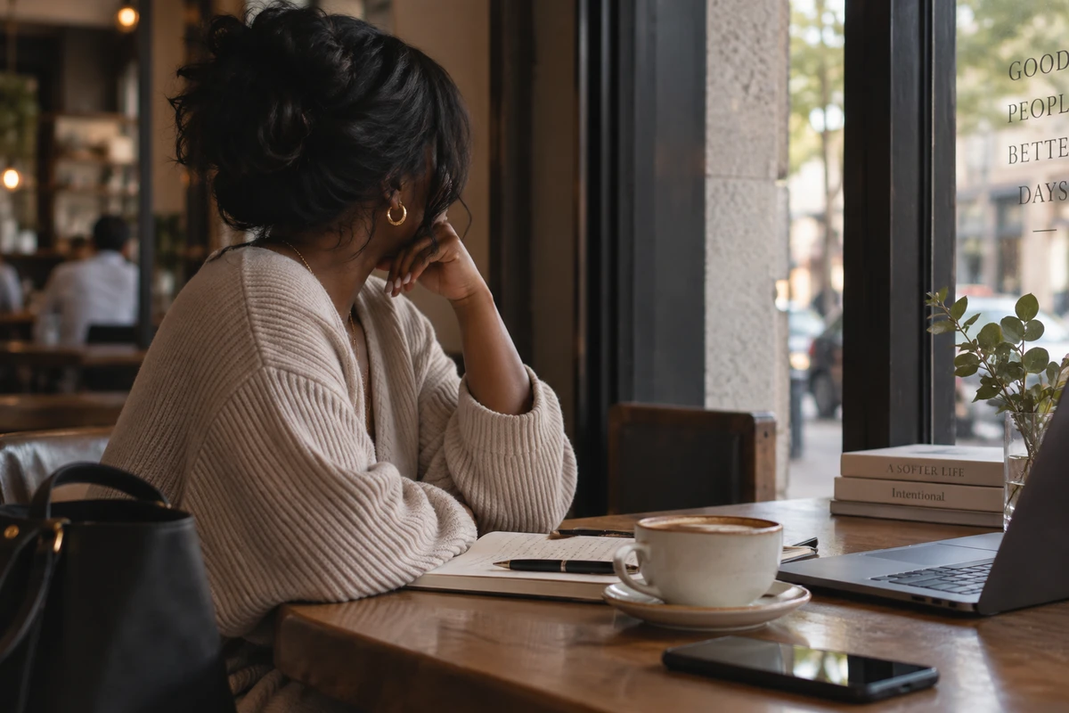 Black woman sitting alone at a café window with a journal and coffee, reflecting quietly on healing and moving forward.