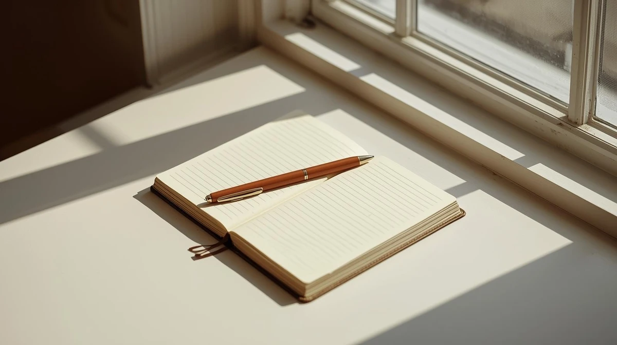 An open journal with a pen resting across the page, placed near a window in soft natural light, creating a calm and reflective atmosphere.