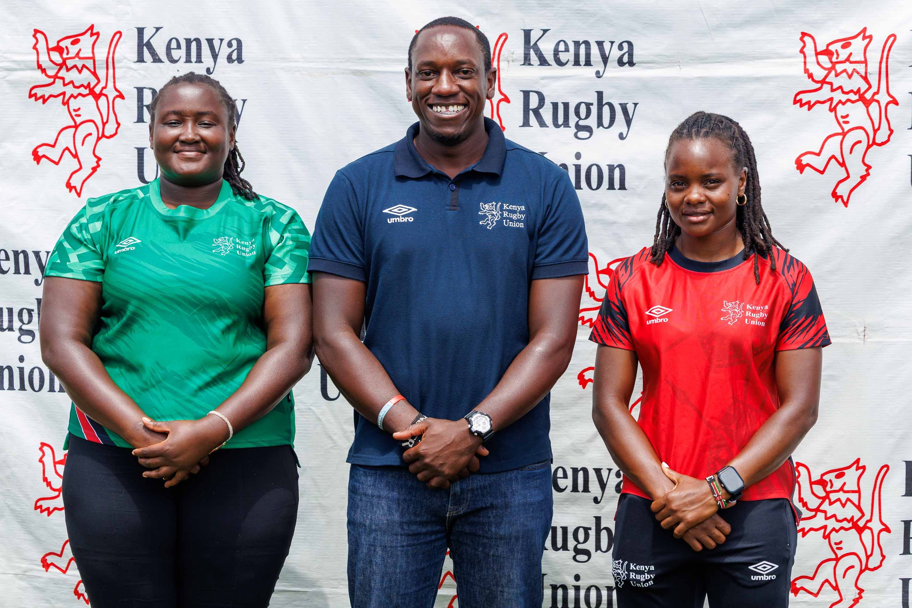 Kenya Lionesses Co-Captains Natasha Emali and Judith Auma alongside Coach Simon Odongo 