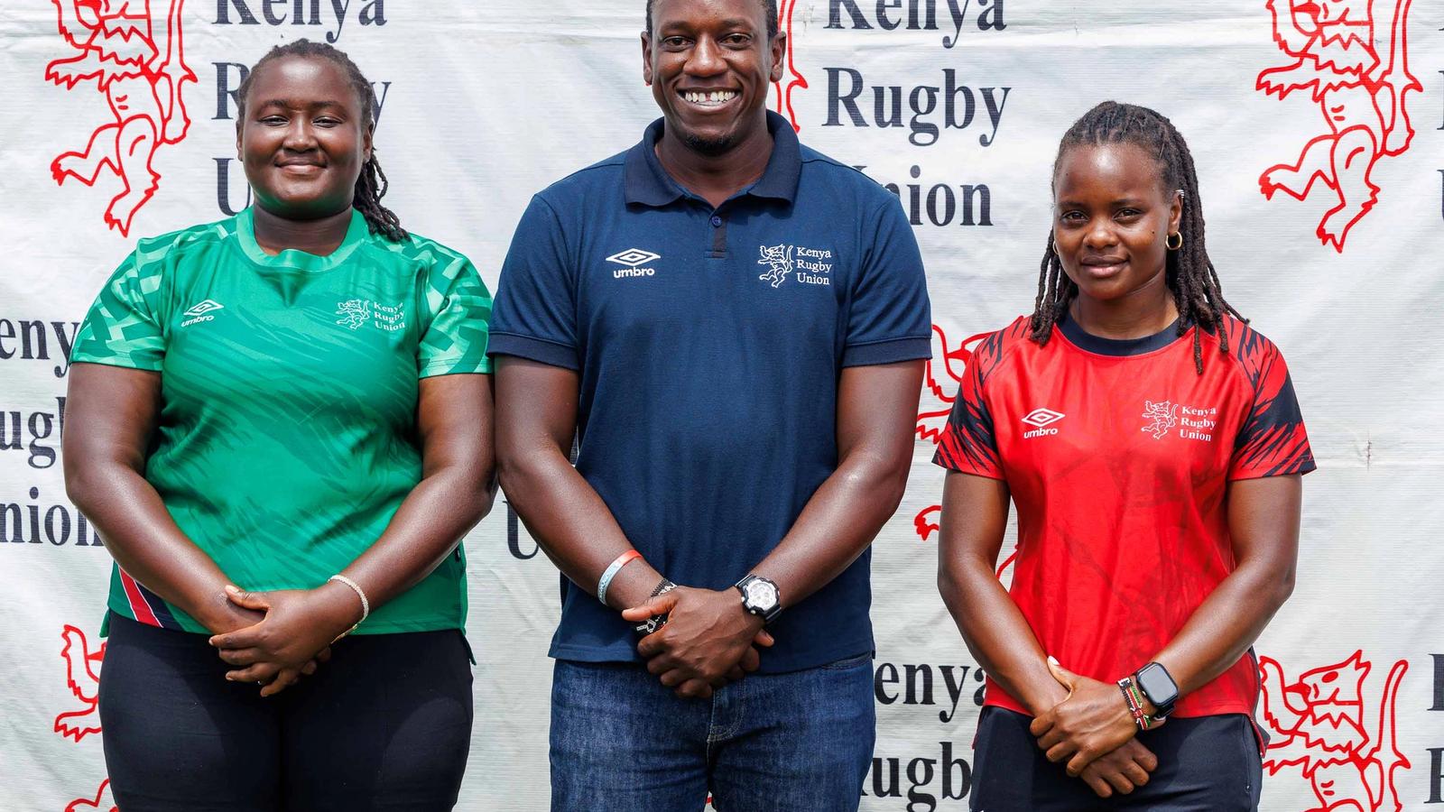 Kenya Lionesses Co-Captains Natasha Emali and Judith Auma alongside Coach Simon Odongo