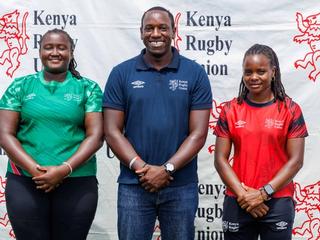 Kenya Lionesses Co-Captains Natasha Emali and Judith Auma alongside Coach Simon Odongo