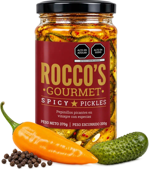 Frasco de Spicy Pickles de Rocco's Gourmet con ají, pimienta y pepinillo