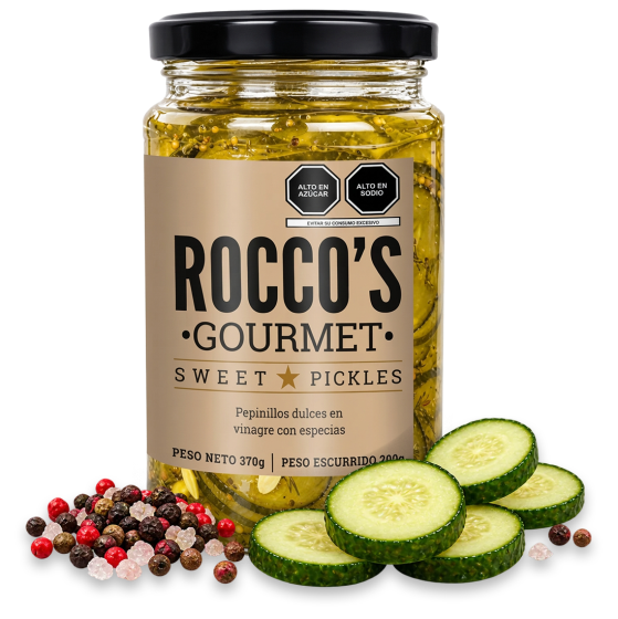 Frasco de Sweet Pickles de Rocco's Gourmet con rodajas de pepino y pimienta