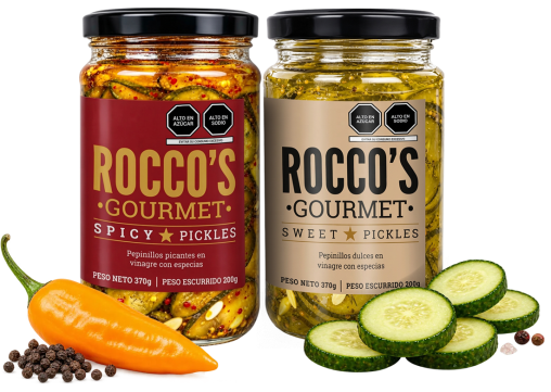 Frascos de Spicy y Sweet Pickles juntos, con ají, pimienta y rodajas de pepino