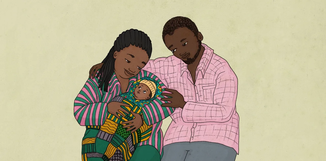 illustration av mamma i randig tröja och en pappa som håller hom henne. Kvinnan håller i ett nyfött barn invirat i en mönstrad filt