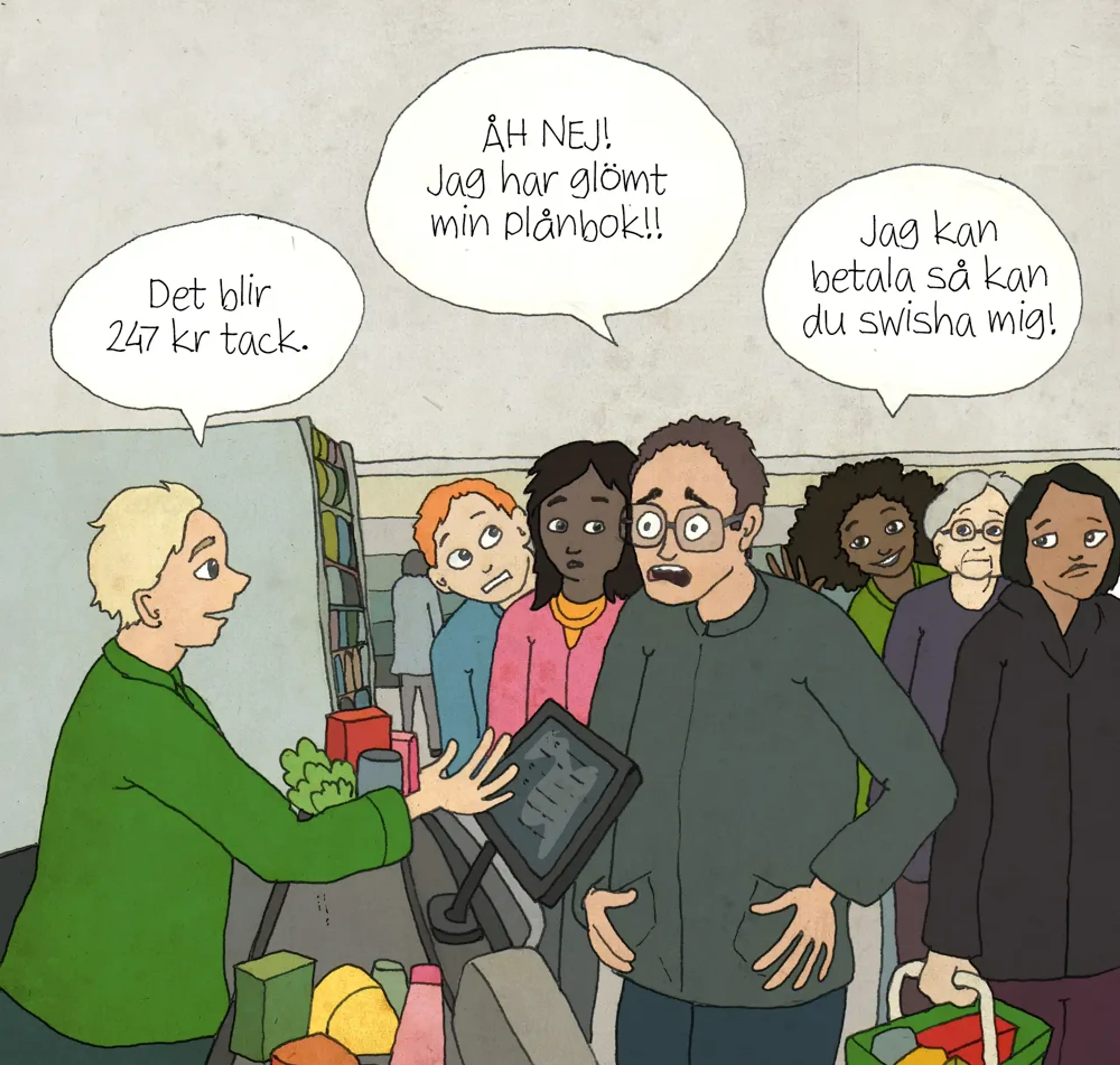 Scen i affär: Det blir 247 kr tack - Åh nej jag har glömt min plånbok - Jag kan betala så kan du swisha mig.