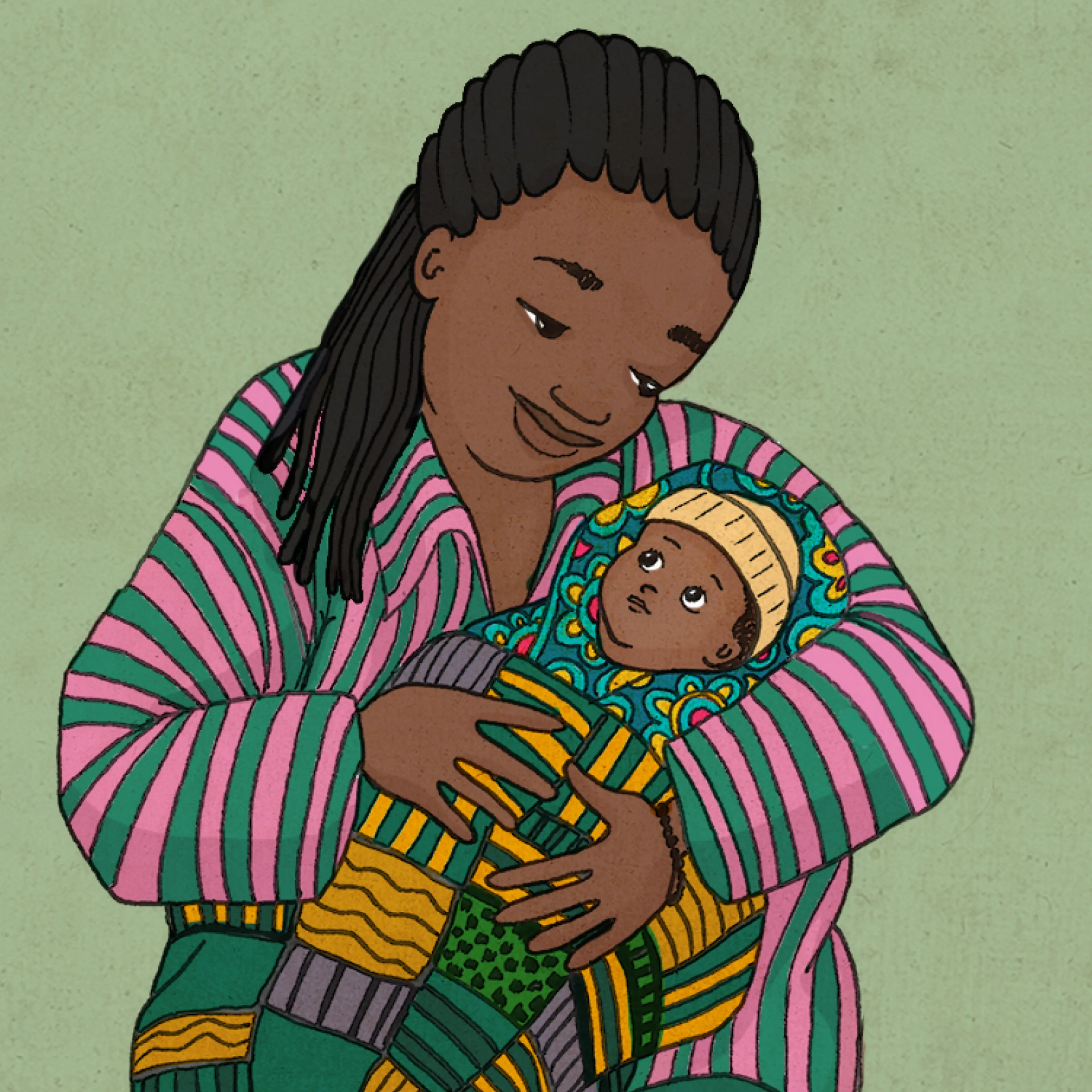 Illustration med mamma som håller i en bebis