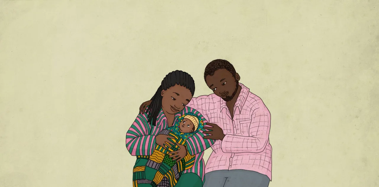 Illustration av en mamma som håller sin nyfödda bebis nära bröstet.