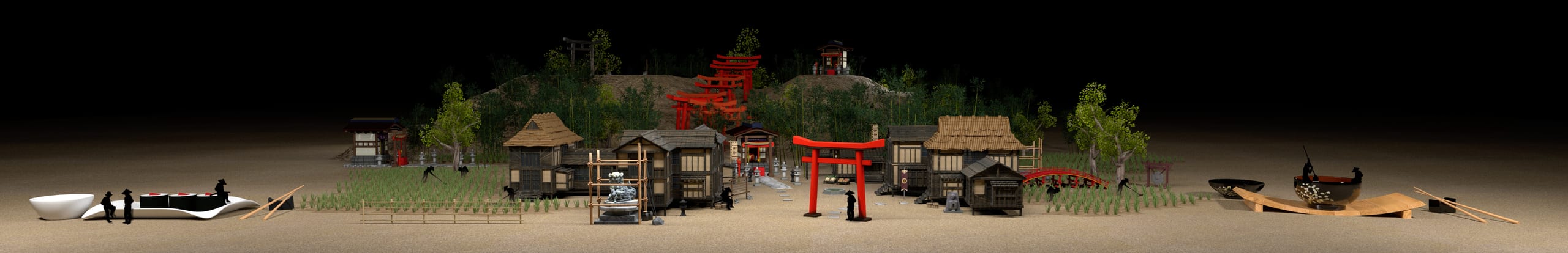 The whole wall: a Japanese village with a red torii gate.