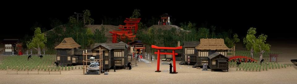 The whole wall: a Japanese village with a red torii gate.