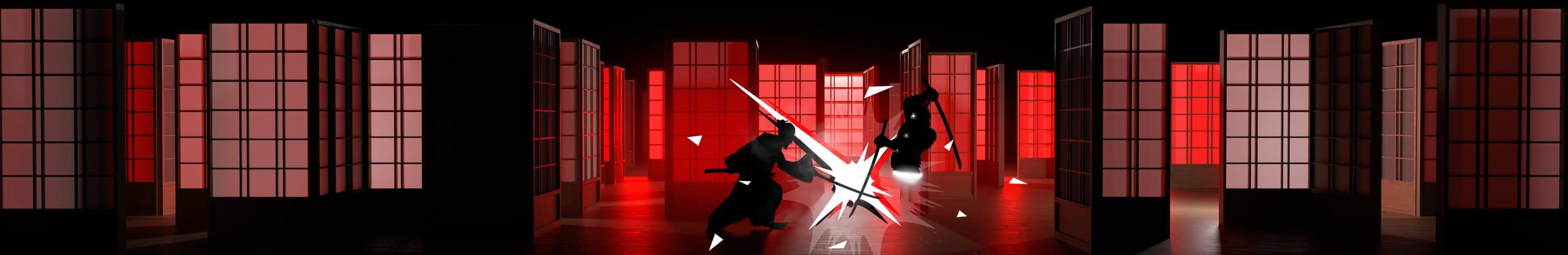 The whole wall: a sword fight in a red-lit room.