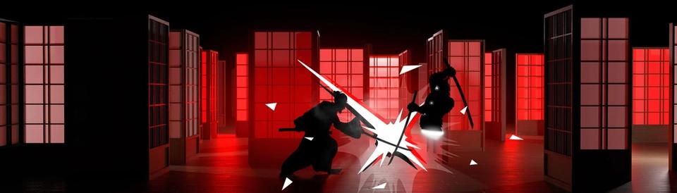 The whole wall: a sword fight in a red-lit room.