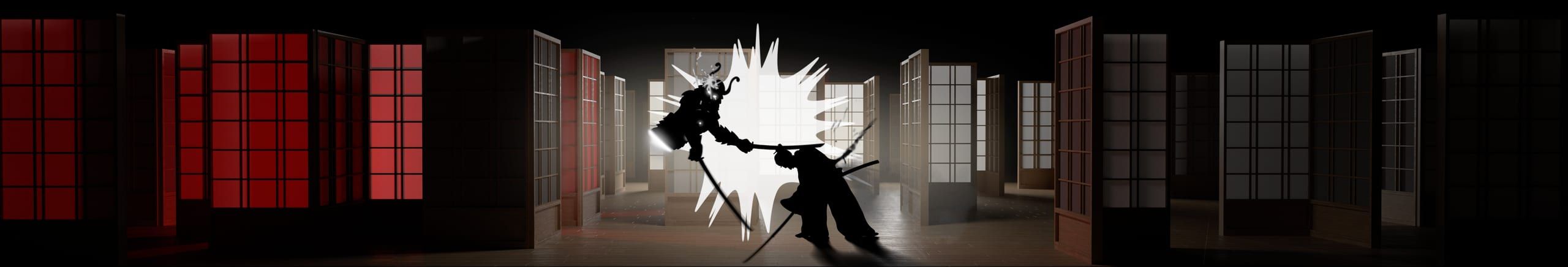 The whole wall: samurai clashing between red-lit doors.