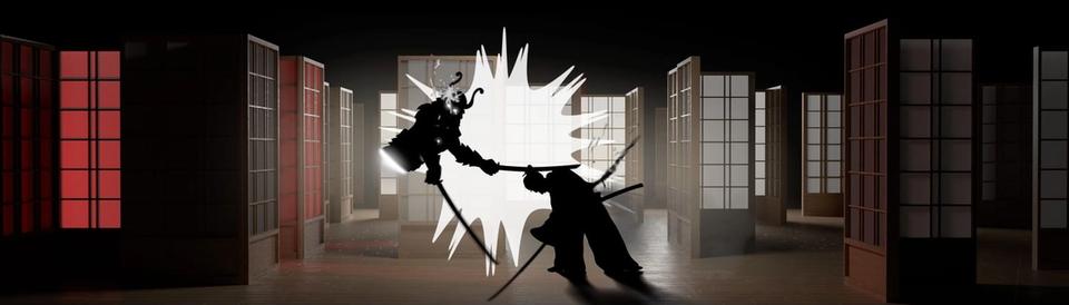 The whole wall: samurai clashing between red-lit doors.
