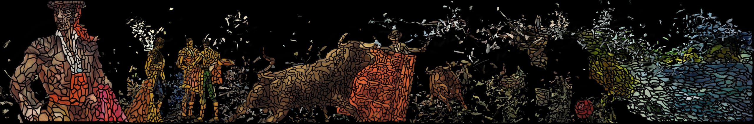 The whole wall: a procession of figures in a stained-glass mosaic.