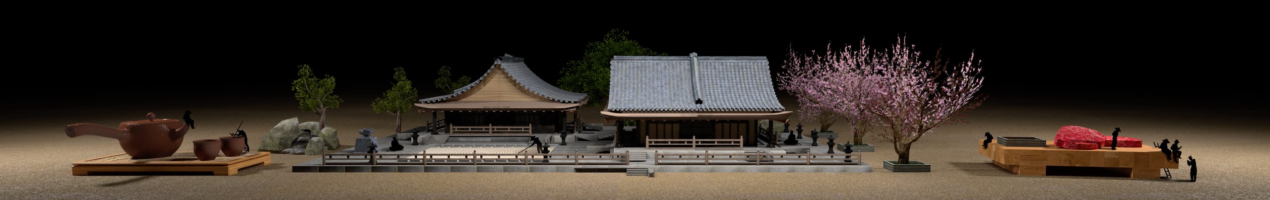 The whole wall: temples, pavilions and a blossoming tree.