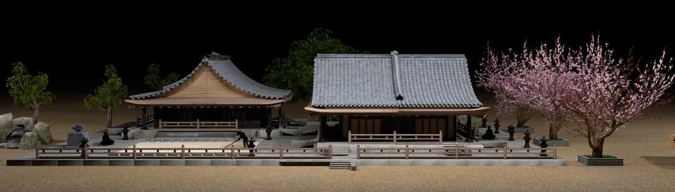 The whole wall: temples, pavilions and a blossoming tree.