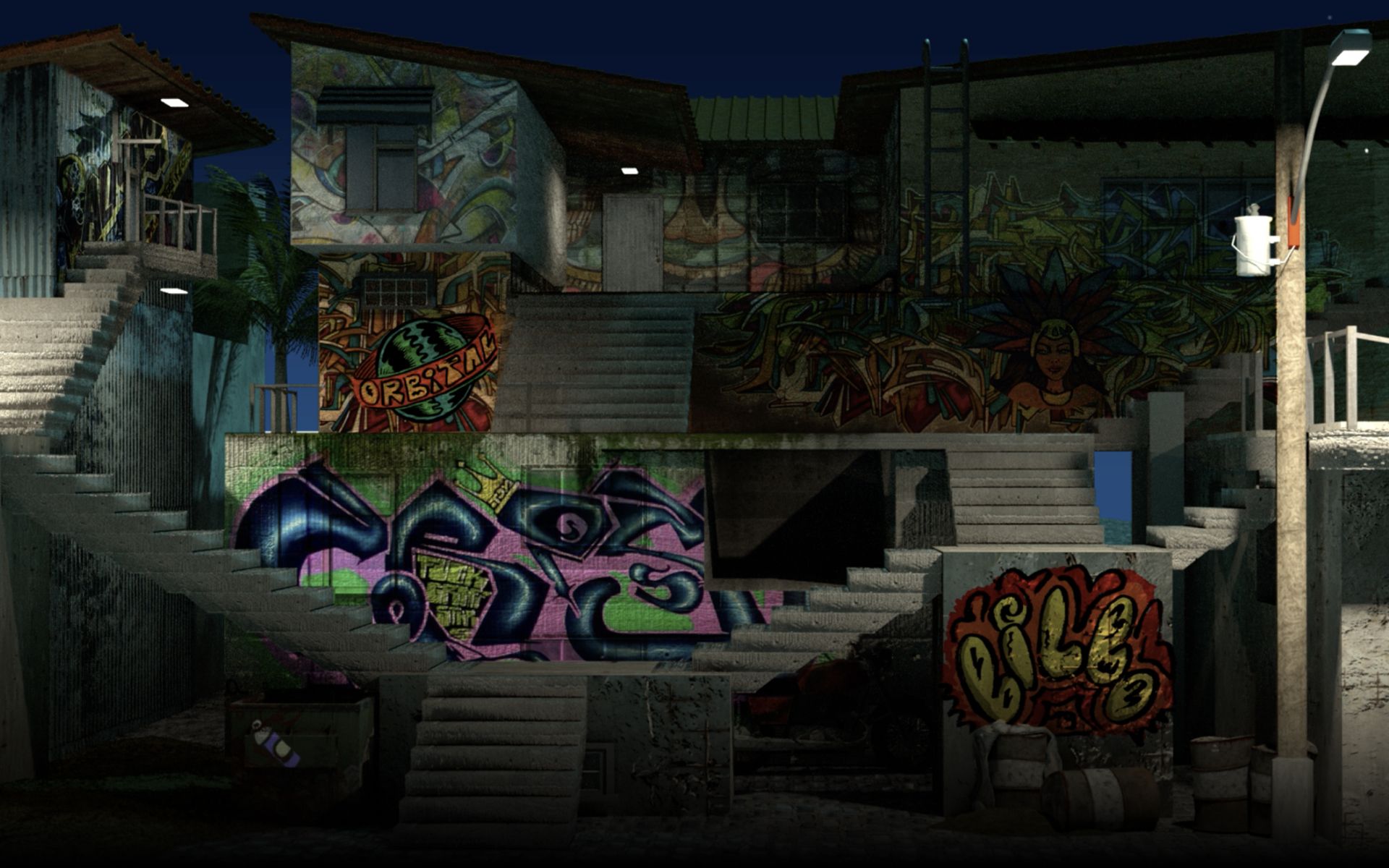 A favela street at night, covered in graffiti — one of the rooms the dinner travels through.